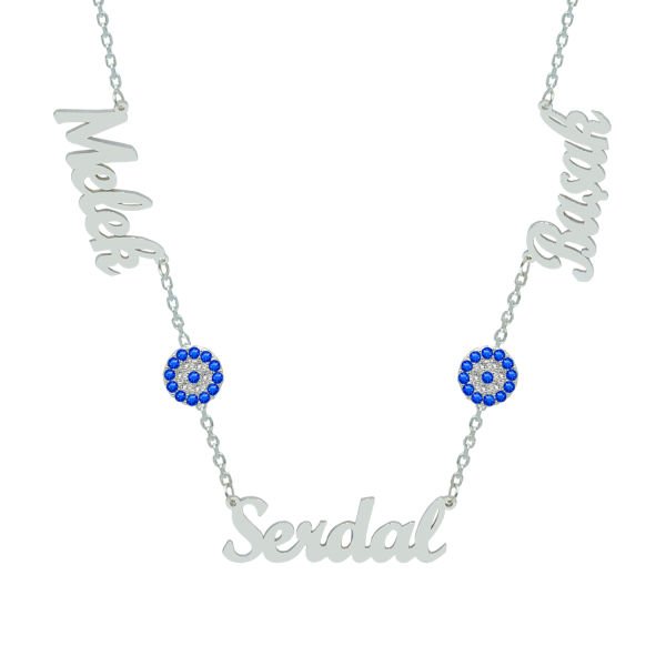 Gümüş Nazar Boncuklu 3 İsimli Aile Kolyesi