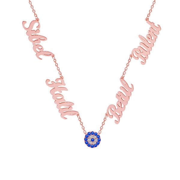 Gümüş 4 İsimli Aile Kolyesi Nazar Boncuklu