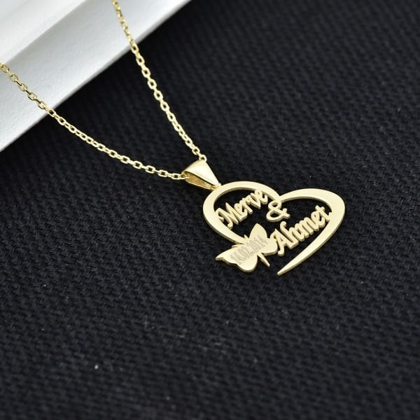 14, 22 Ayar Altın Kalpli Kelebekli İsimli Kolye