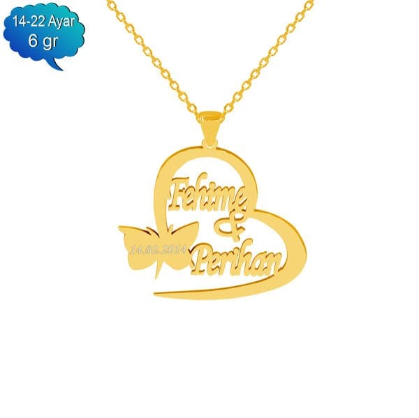 14, 22 Ayar Altın Kalpli Kelebekli İsimli Kolye