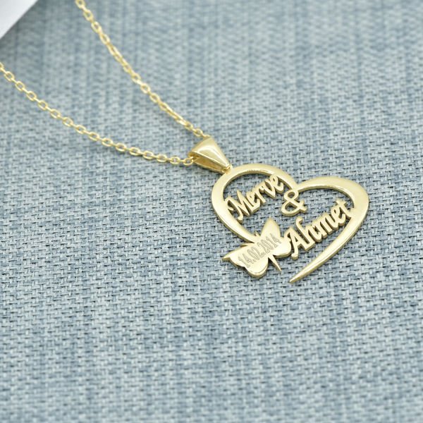 14, 22 Ayar Altın Kalpli Kelebekli İsimli Kolye