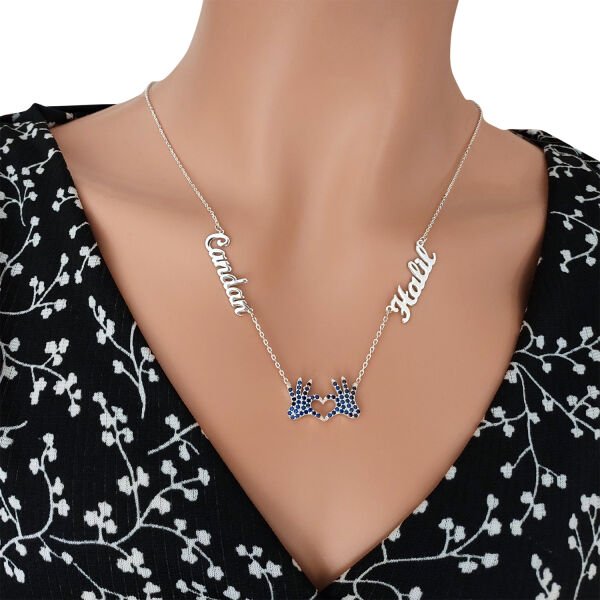 Gümüş 2 İsimli Aile Kolyesi Kalp El Figürlü