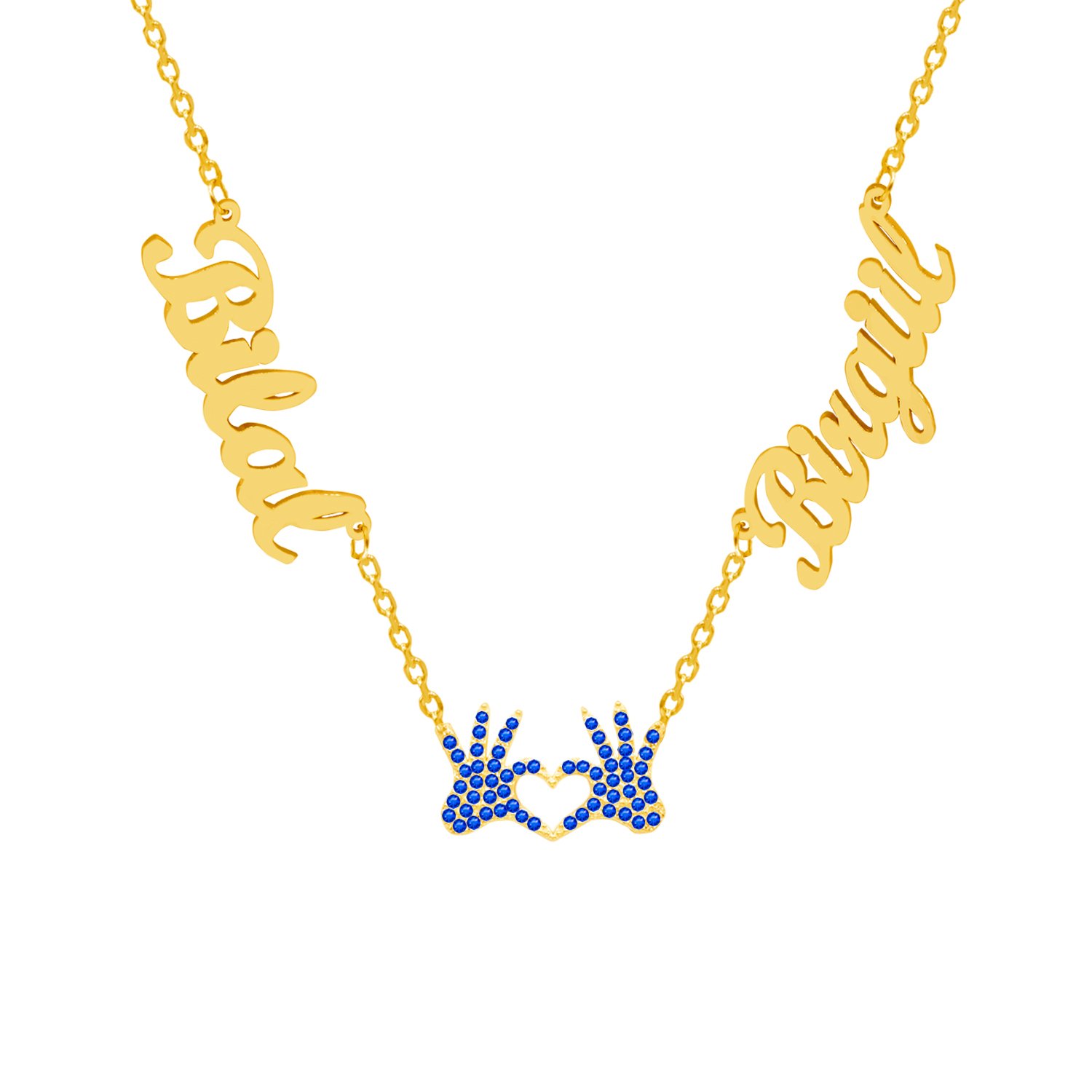 Gümüş 2 İsimli Aile Kolyesi Kalp El Figürlü