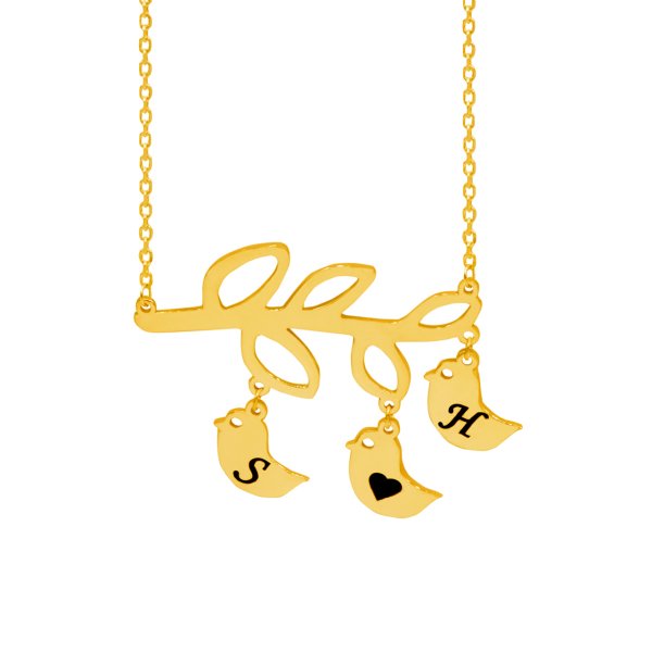 Gümüş Zeytin Yapraklı Kuşlu İsimli Kolye