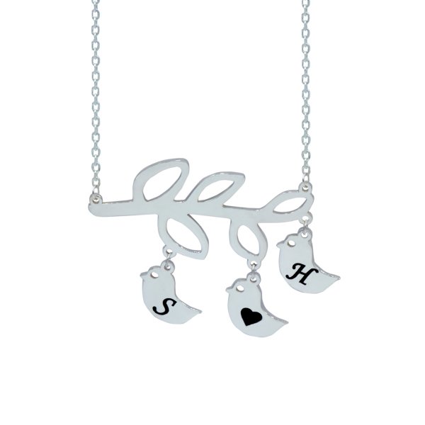 Gümüş Zeytin Yapraklı Kuşlu İsimli Kolye