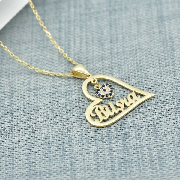 14, 22 Ayar Altın Kalpli Nazar Sallantılı İsimli Kolye