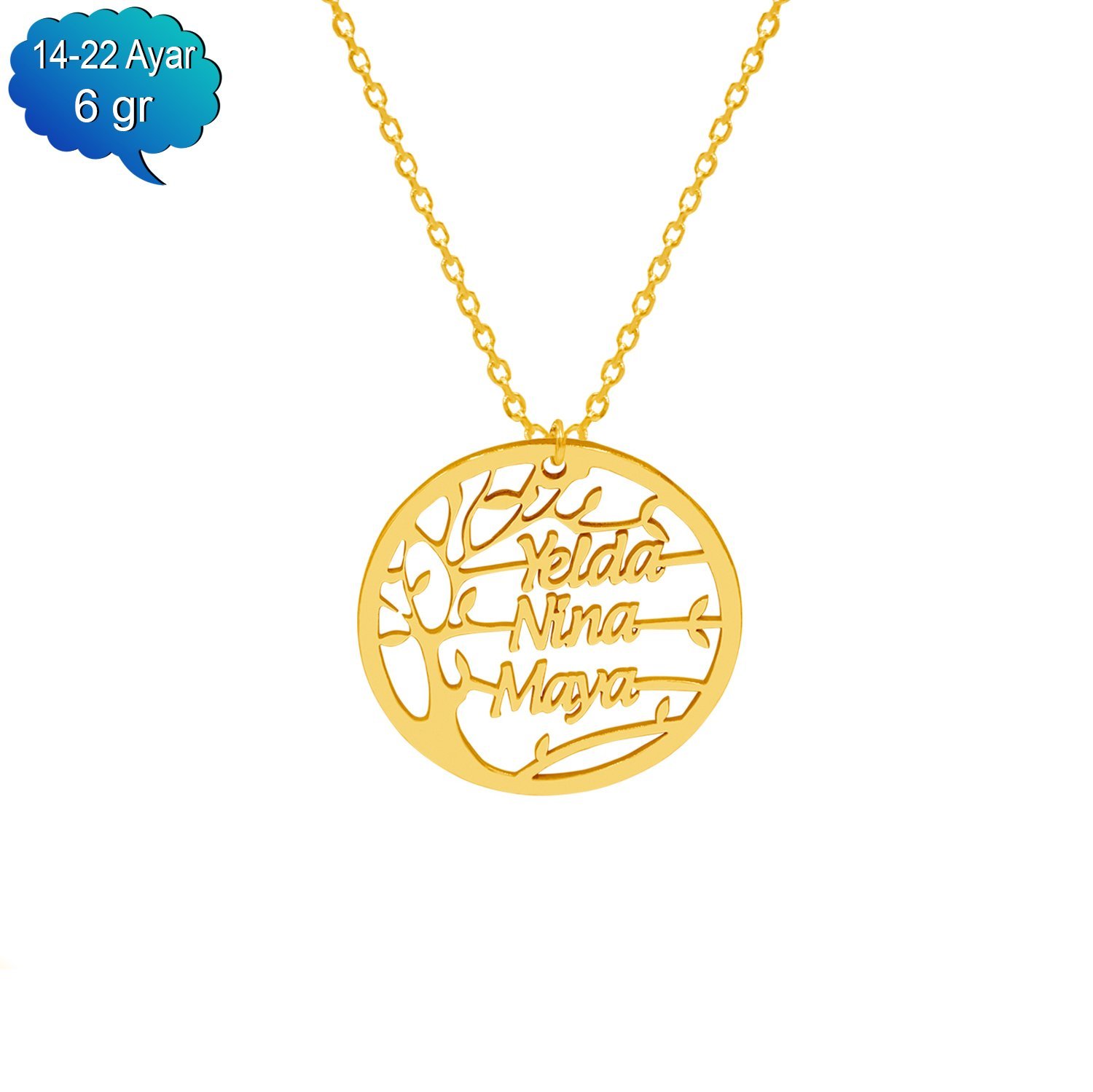 14, 22 Ayar Altın Hayat Ağacı 3 İsimli Kolye