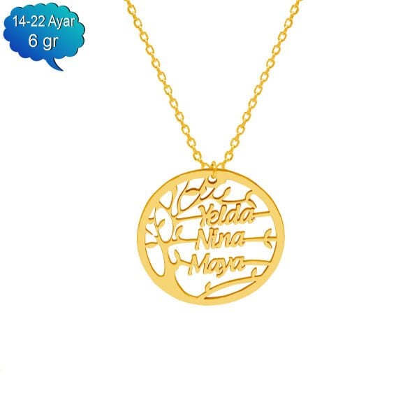 14, 22 Ayar Altın Hayat Ağacı 3 İsimli Kolye