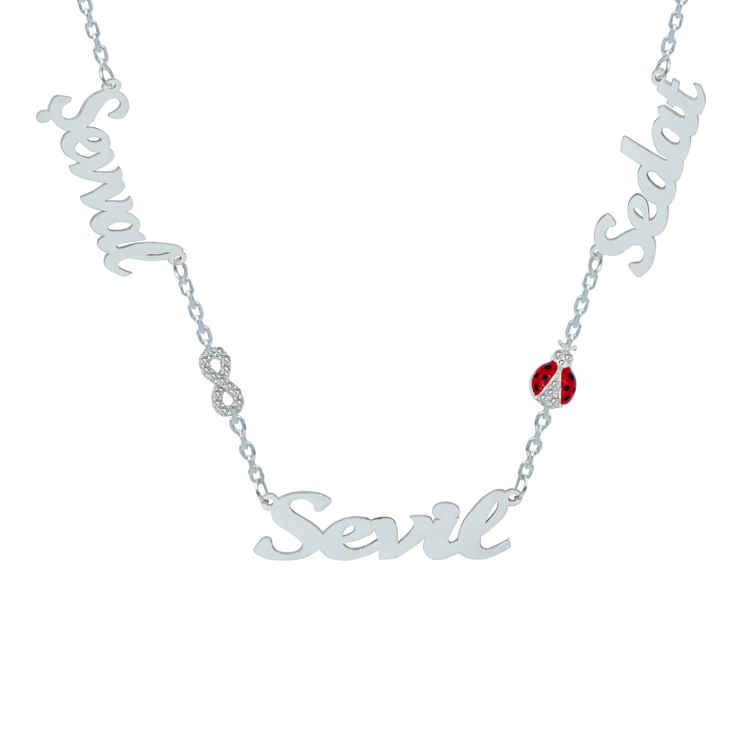 Gümüş Sonsuzluk Uğur Böcekli 3 İsimli Kolye