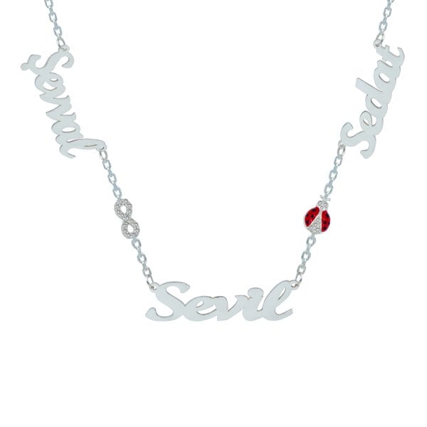 Gümüş Sonsuzluk Uğur Böcekli 3 İsimli Kolye