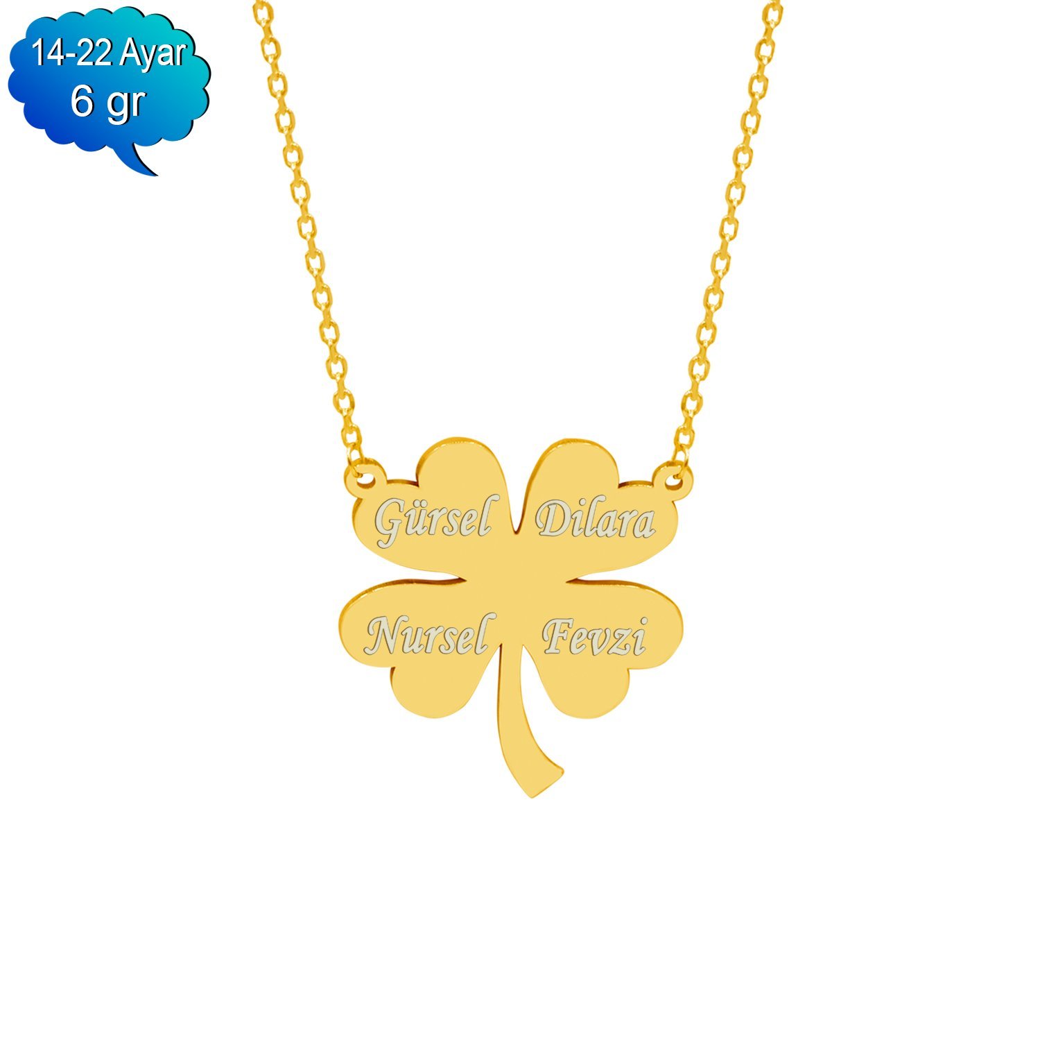 14, 22 Ayar Altın 4 Kalpli Yonca İsimli Kolye