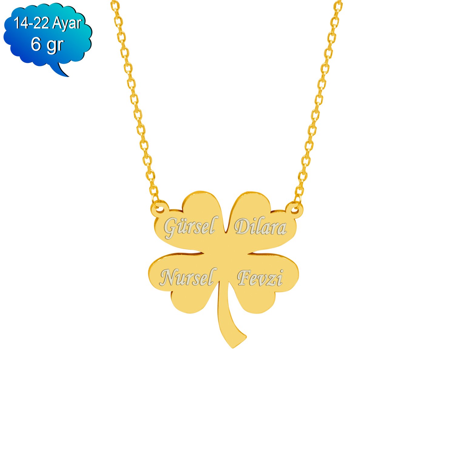 14, 22 Ayar Altın 4 Kalpli Yonca İsimli Kolye