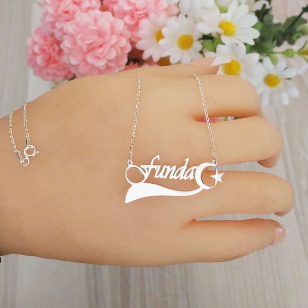 Gümüş Özel Tasarım Ay Yıldızlı İsimli Kolye