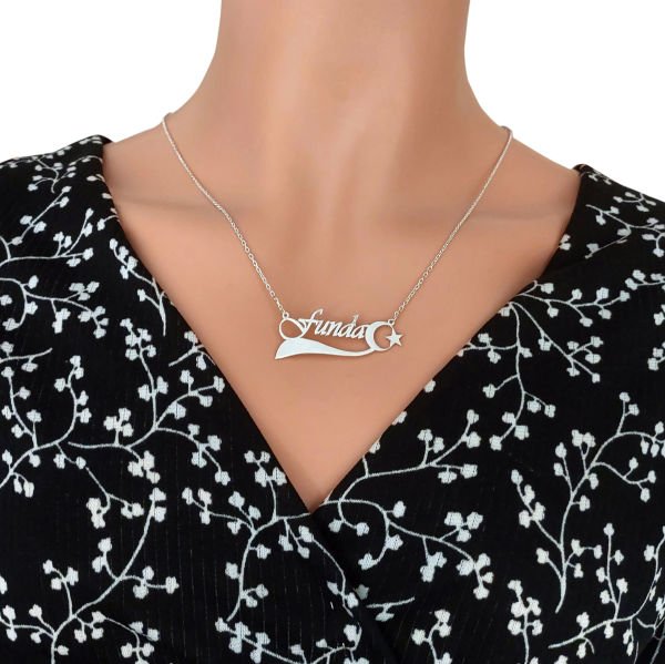 Gümüş Özel Tasarım Ay Yıldızlı İsimli Kolye