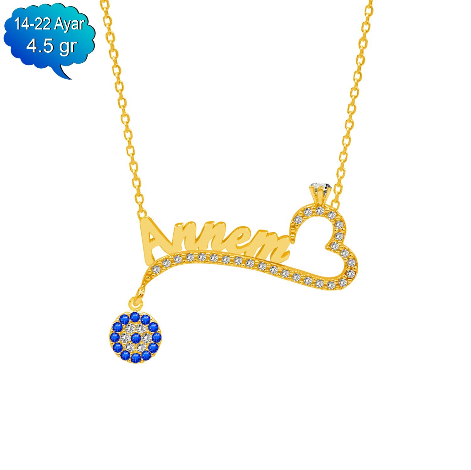 14, 22 Ayar Altın Kalpli Nazarlı İsimli Kolye