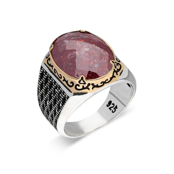 Gümüş Oval Kristal Taşlı Erkek Yüzük