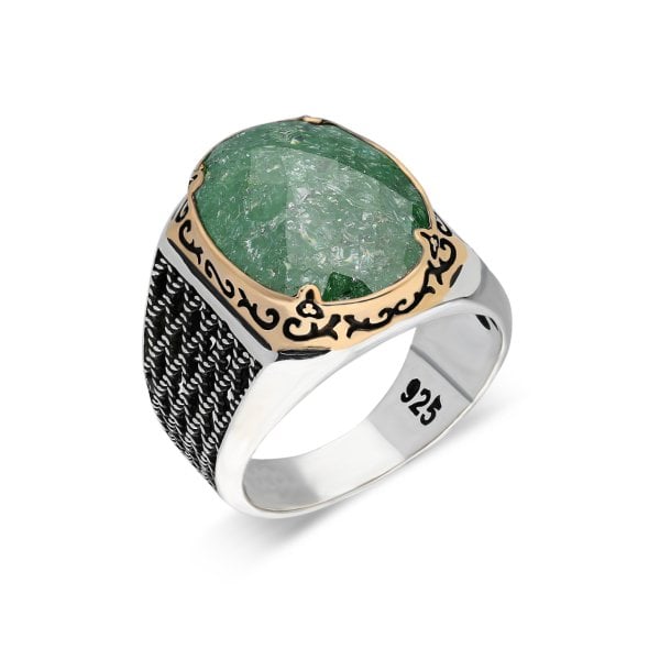 Gümüş Oval Kristal Taşlı Erkek Yüzük