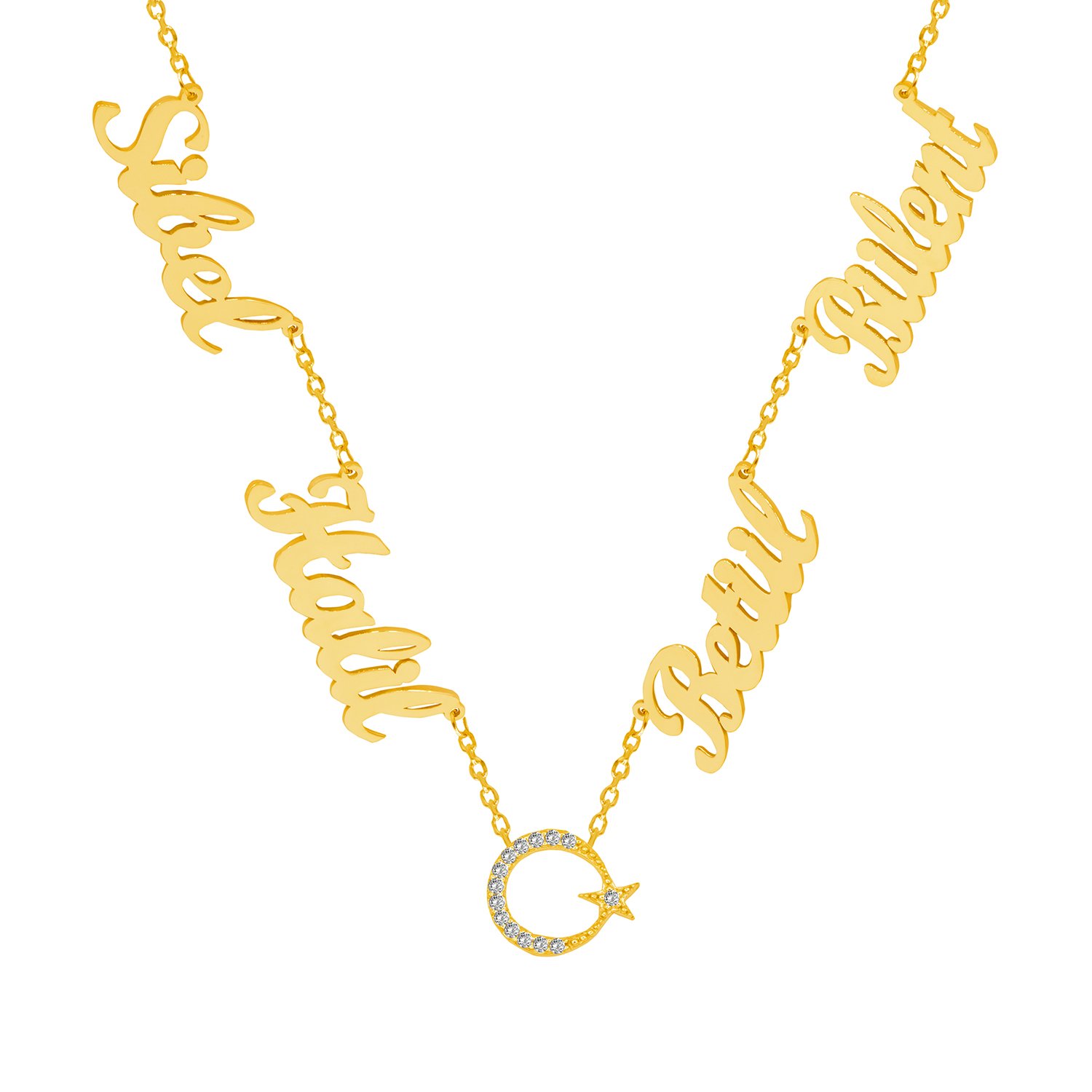 Gümüş Ay Yıldızlı Dört İsimli Aile Kolyesi