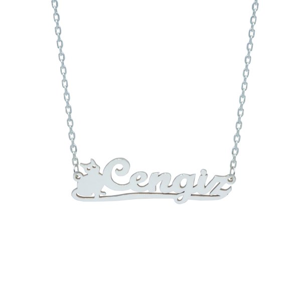 Gümüş Kişiye Özel Kedi Tasarımlı İsimli Kolye