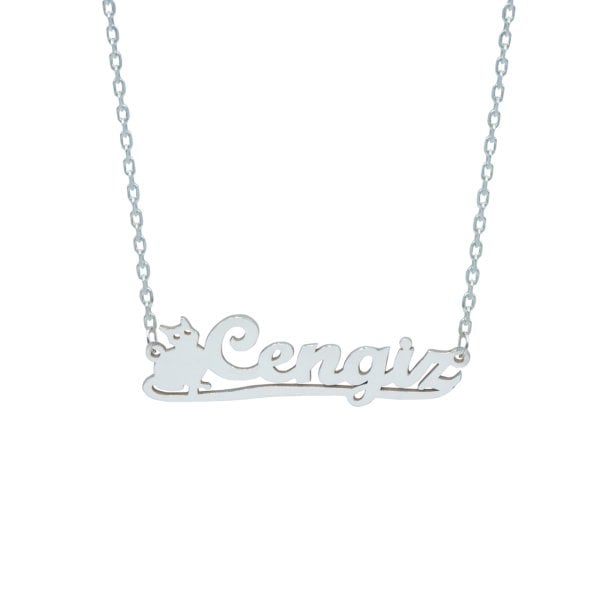Gümüş Kişiye Özel Kedi Tasarımlı İsimli Kolye