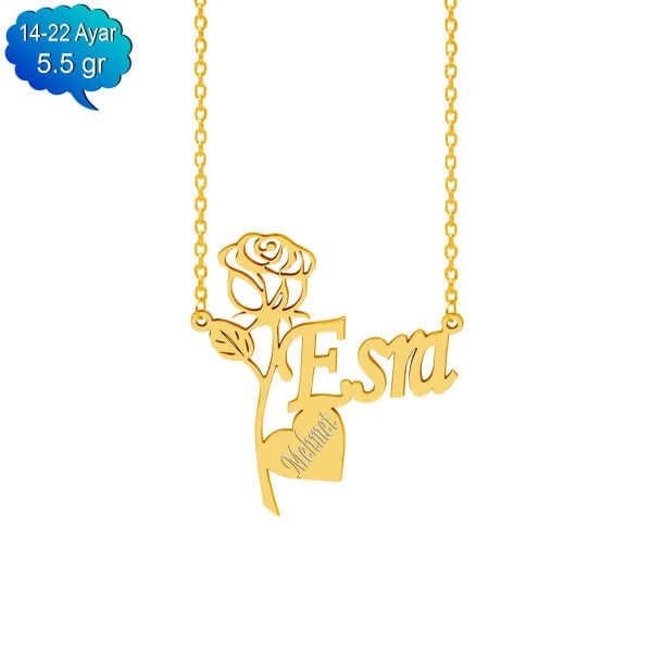 14, 22 Ayar Altın Gül Desenli İsimli Kolye