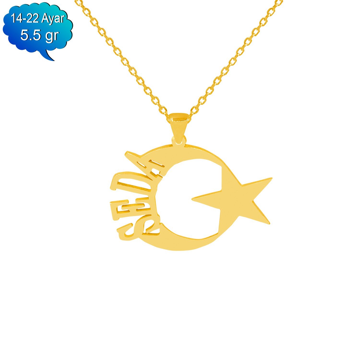 14, 22 Ayar Altın Ay Yıldız Tasarımlı İsimli Kolye