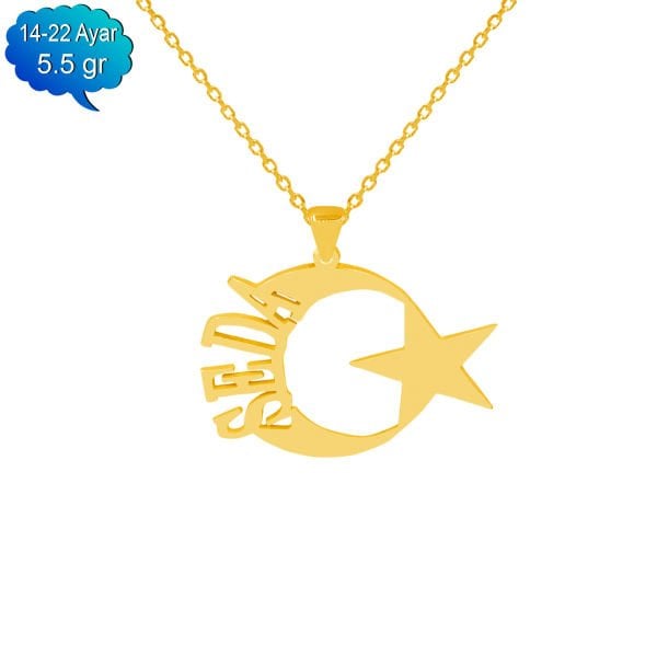 14, 22 Ayar Altın Ay Yıldız Tasarımlı İsimli Kolye