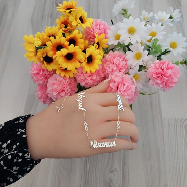 Gümüş Taşlı Sonsuzluk Üç İsimli Aile Kolyesi