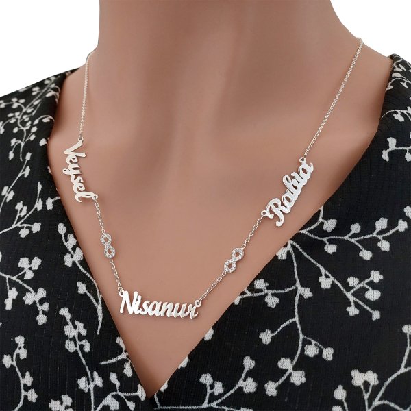 Gümüş Taşlı Sonsuzluk Üç İsimli Aile Kolyesi