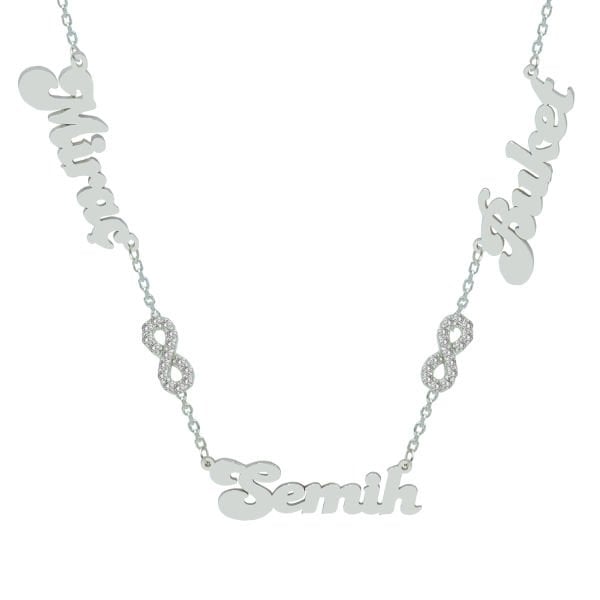 Gümüş Taşlı Sonsuzluk Üç İsimli Aile Kolyesi