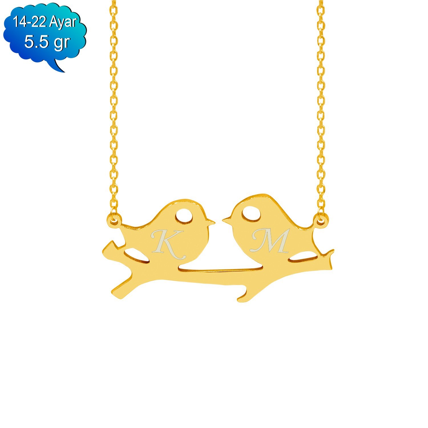 14, 22 Ayar Altın Kuşlu Harfli İsimli Kolye