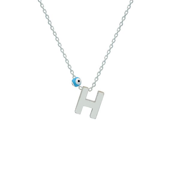 Gümüş Özel Tasarım Nazarlı Taşsız Harfli Kolye