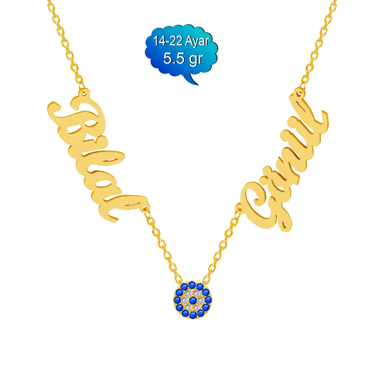 14, 22 Ayar Altın Nazar Boncuklu 2 İsimli Kolye