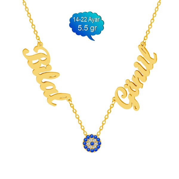 14, 22 Ayar Altın Nazar Boncuklu 2 İsimli Kolye