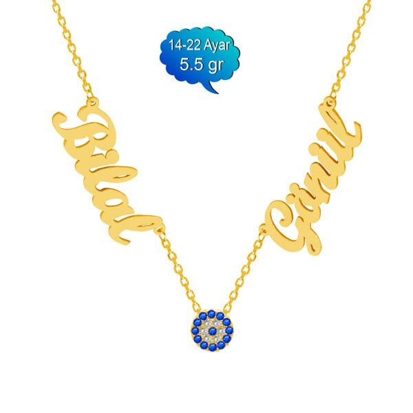 14, 22 Ayar Altın Nazar Boncuklu 2 İsimli Kolye