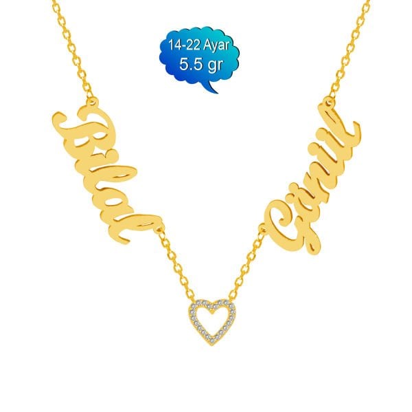 14, 22 Ayar Altın Kalpli 2 İsimli Kolye