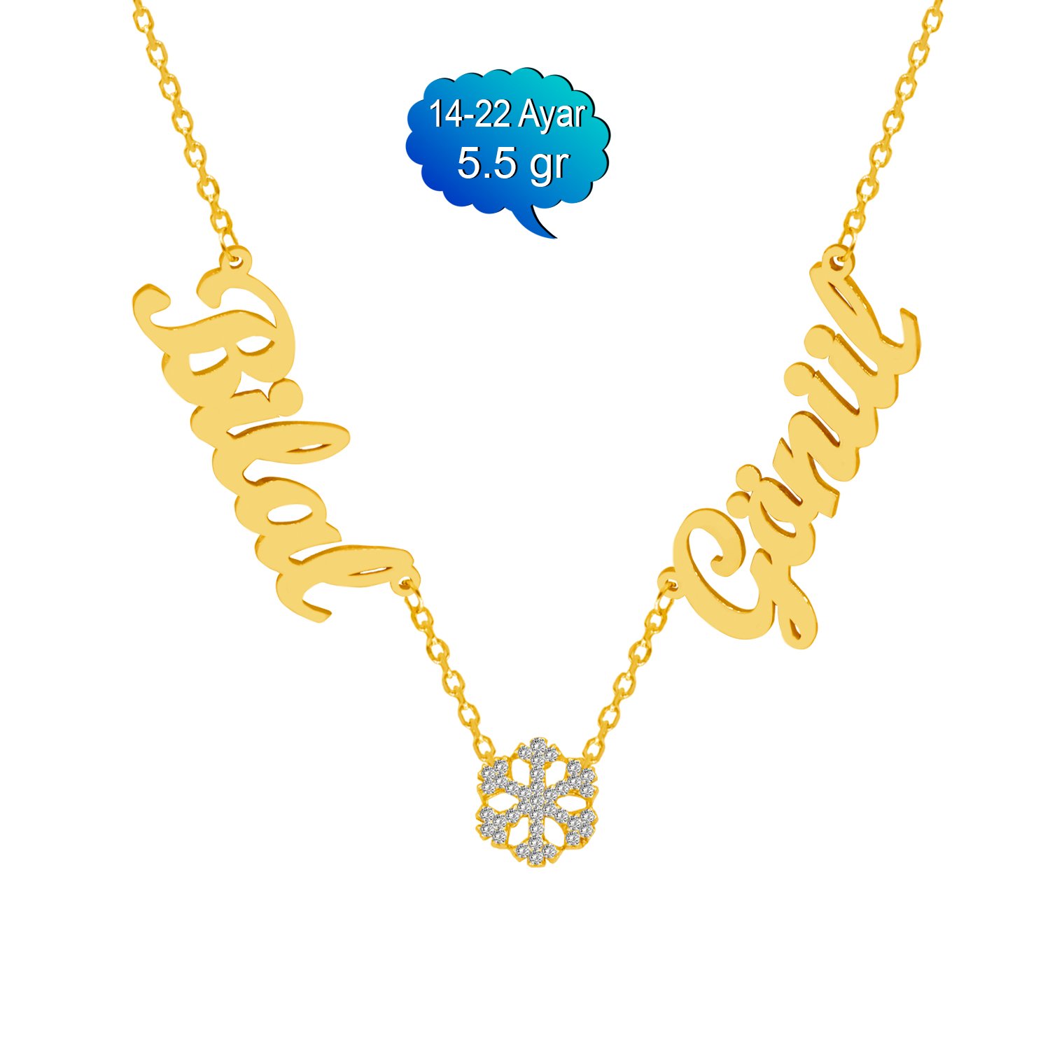 14, 22 Ayar Altın Kar Tanesi 2 İsimli Aile Kolyesi