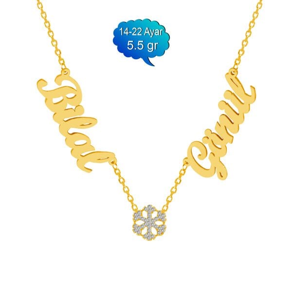 14, 22 Ayar Altın Kar Tanesi 2 İsimli Aile Kolyesi