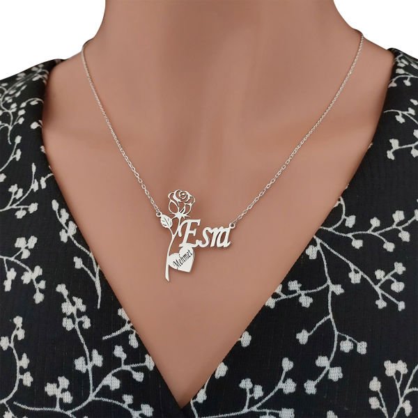 Gümüş Kişiye Özel Kalpli Güllü İsimli Kolye