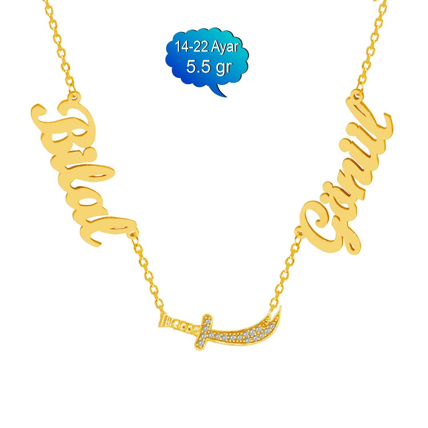 14, 22 Ayar Altın Kılıçlı 2 İsimli Kolye