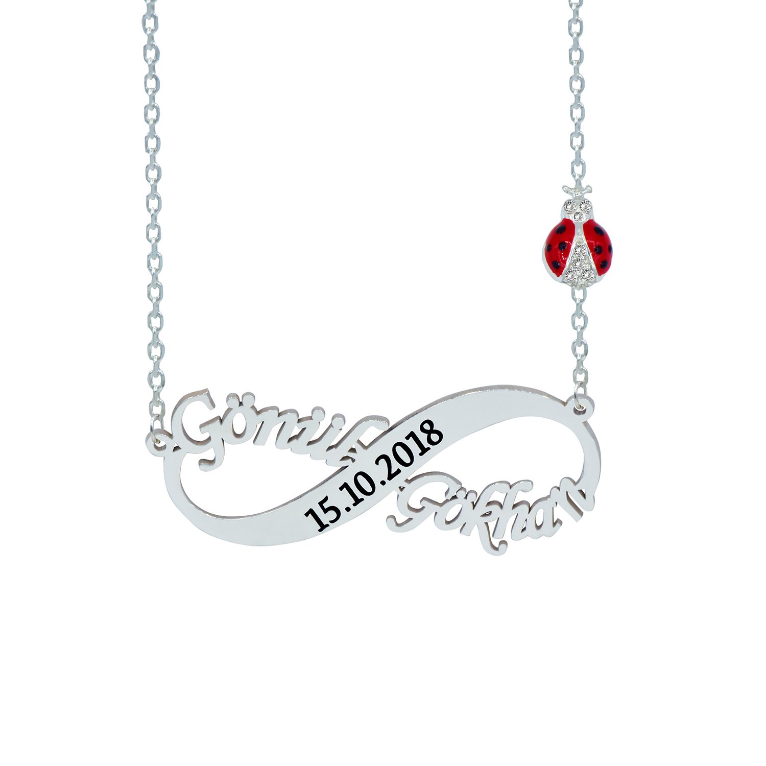 Gümüş Uğur Böcekli Sonsuzluk İsimli Kolye