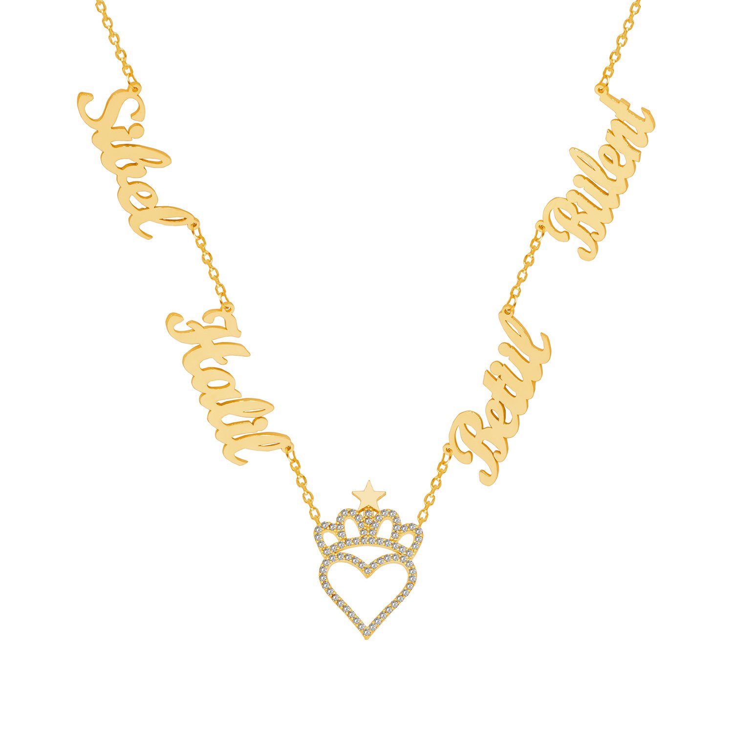 Gümüş Kalpli Taçlı 4 İsimli Aile Kolyesi