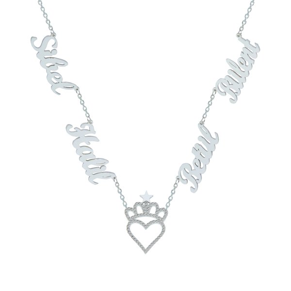 Gümüş Kalpli Taçlı 4 İsimli Aile Kolyesi