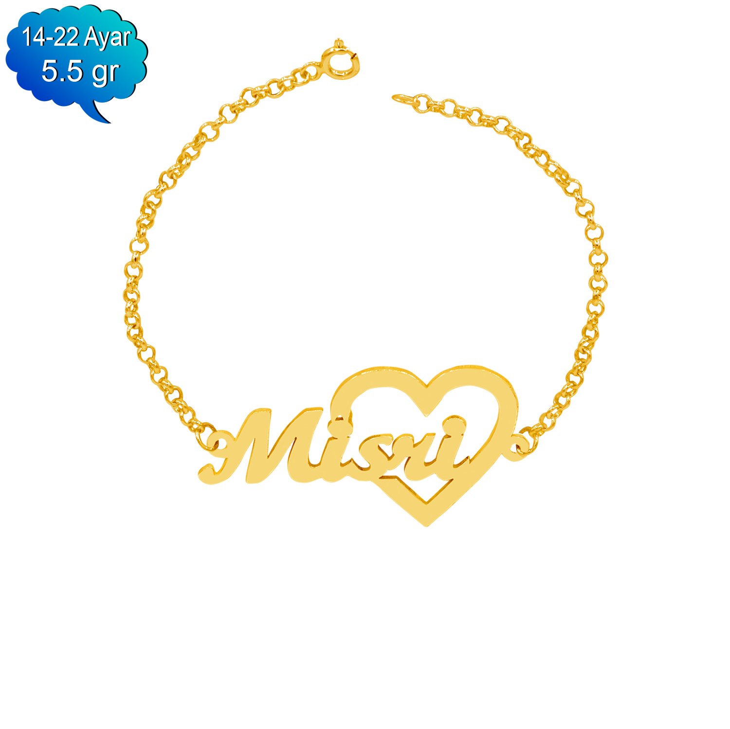 14, 22 Ayar Altın Kalpli İsimli Bileklik