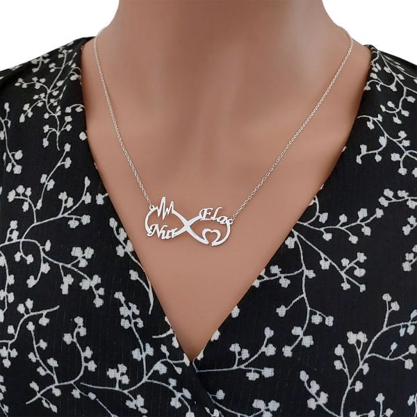 Gümüş Taşsız Kalp Ritimli Sonsuzluk İsimli Kolye