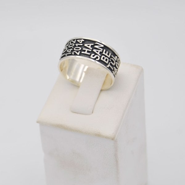 Gümüş Özel Tasarım Tarihli İsimli Çift Alyans