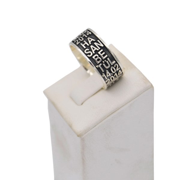 Gümüş Özel Tasarım Tarihli İsimli Çift Alyans