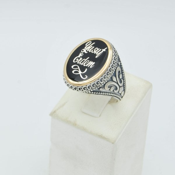 Gümüş Özel Tasarım Mineli İsimli Erkek Yüzük