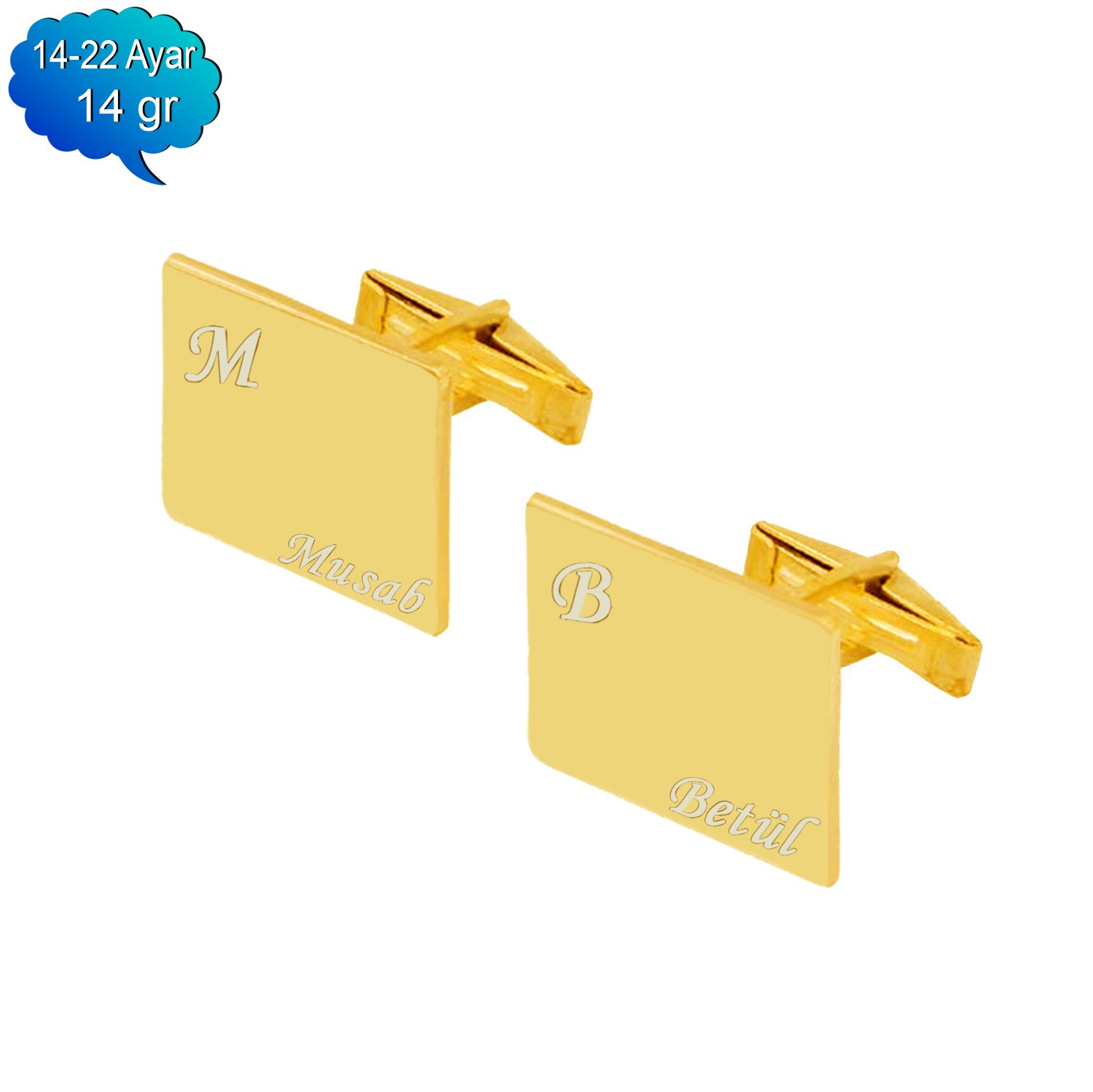 14, 22 Ayar Altın Kare Plaka İsimli Kol Düğmesi