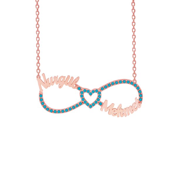 Gümüş Turkuaz Taşlı Sonsuzluk İki İsimli Kolye